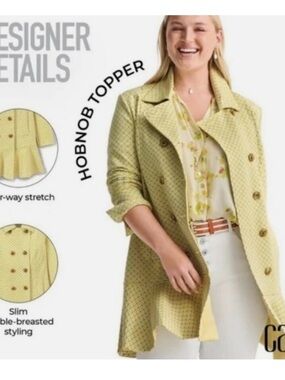 CAbi Yellow Patterned Hobnob Topper Trench Coat